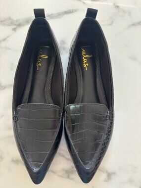 Lulus Emmy Black Croc Embossed Pointed Toe Loafer Flats Size 9 Vegan Flat